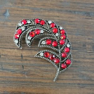 Vintage Weiss Feather Brooch with Red & Clear Rhinestones